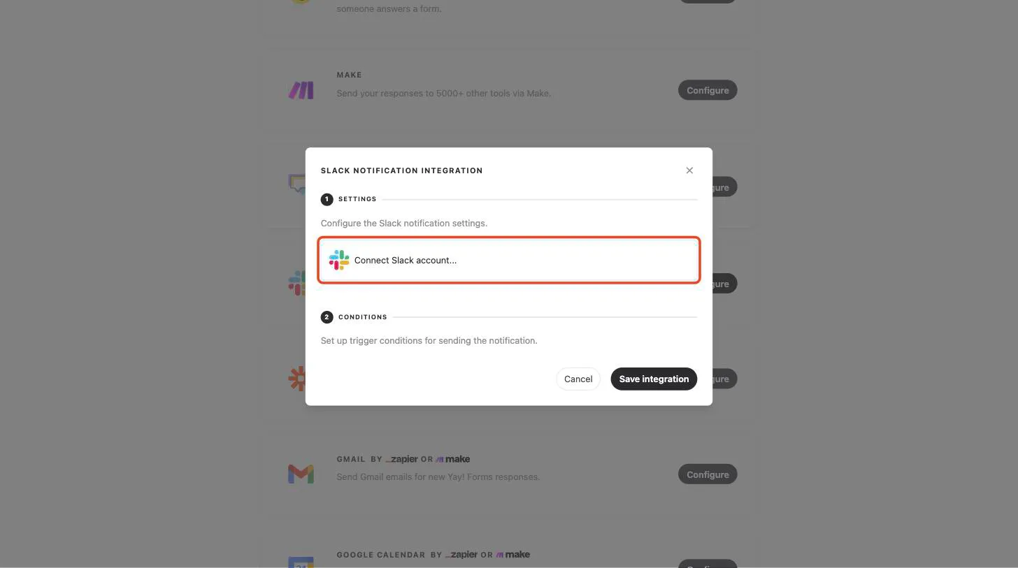 The Settings step of the modal, with Connect Slack account highlighted