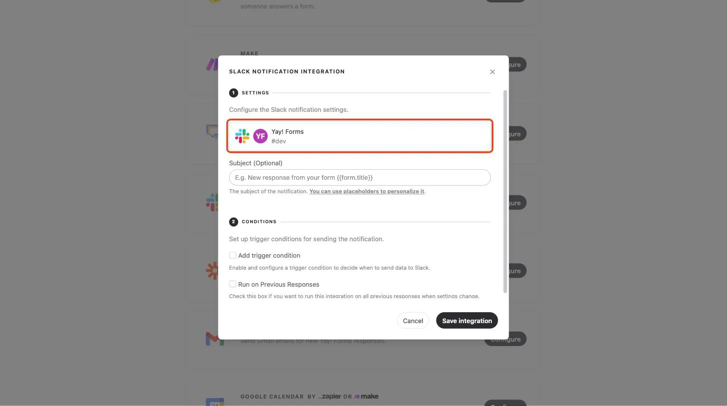 The connected Slack account, with the rest of the settings visible