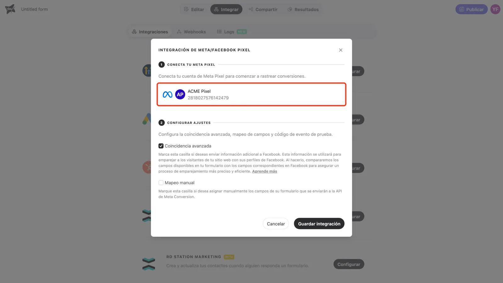 La tarjeta del píxel conectado en el paso 1, con los pasos 2 a 4 visibles