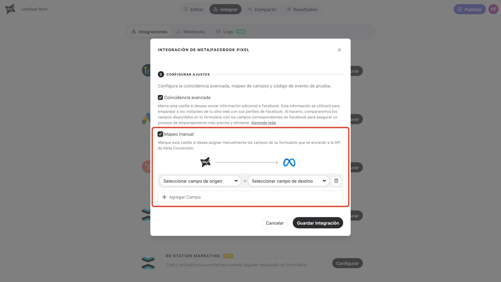 Mapeo manual activado, mostrando una fila de mapeo y el botón Agregar Campo
