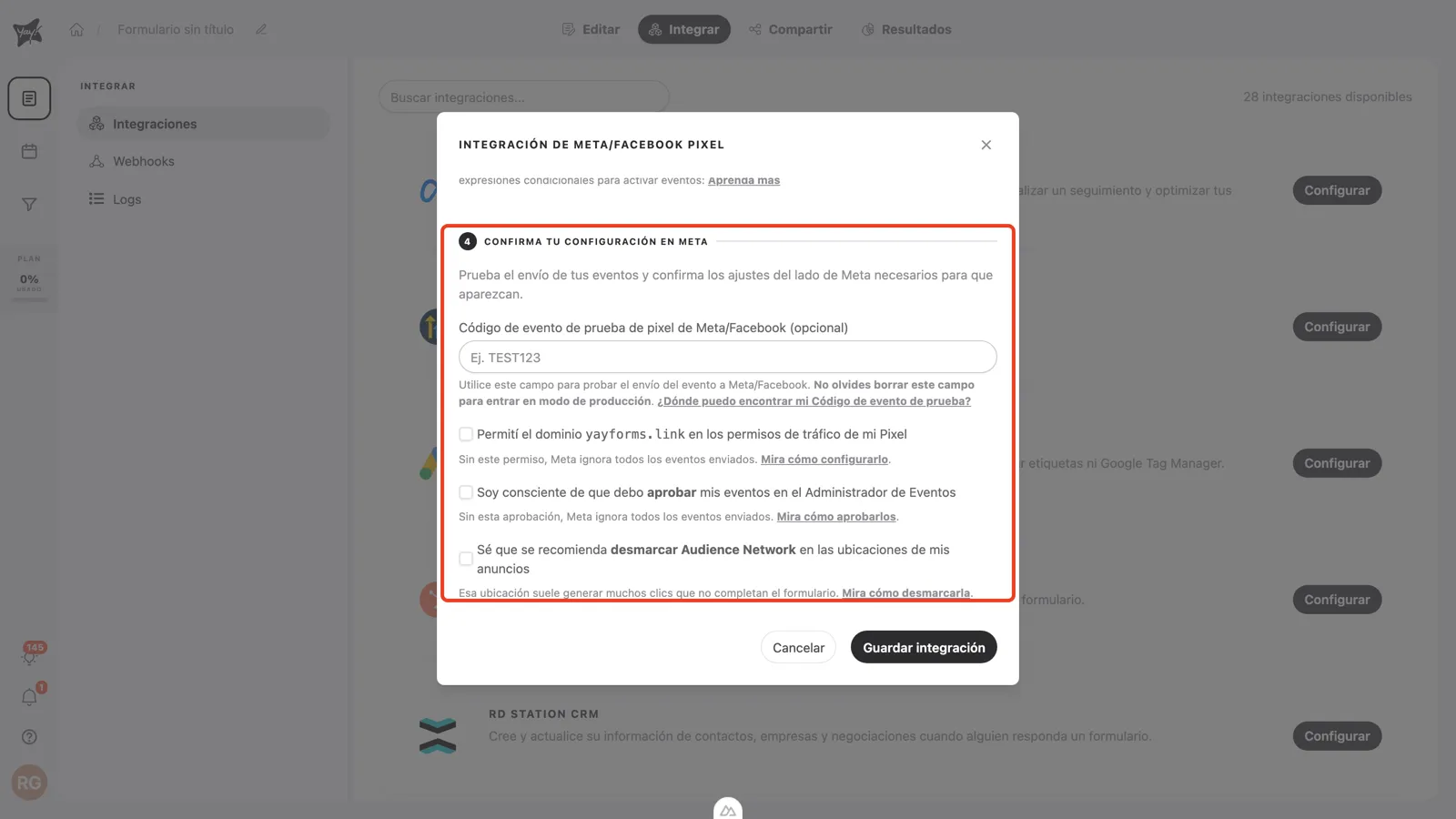 Paso 4 con el campo de código de evento de prueba y las tres casillas de confirmación