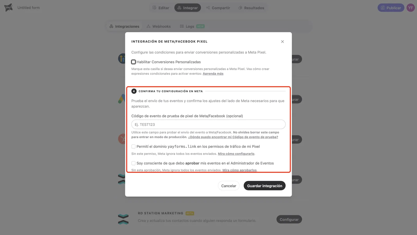Paso 4 con el campo de código de evento de prueba y las dos casillas de confirmación
