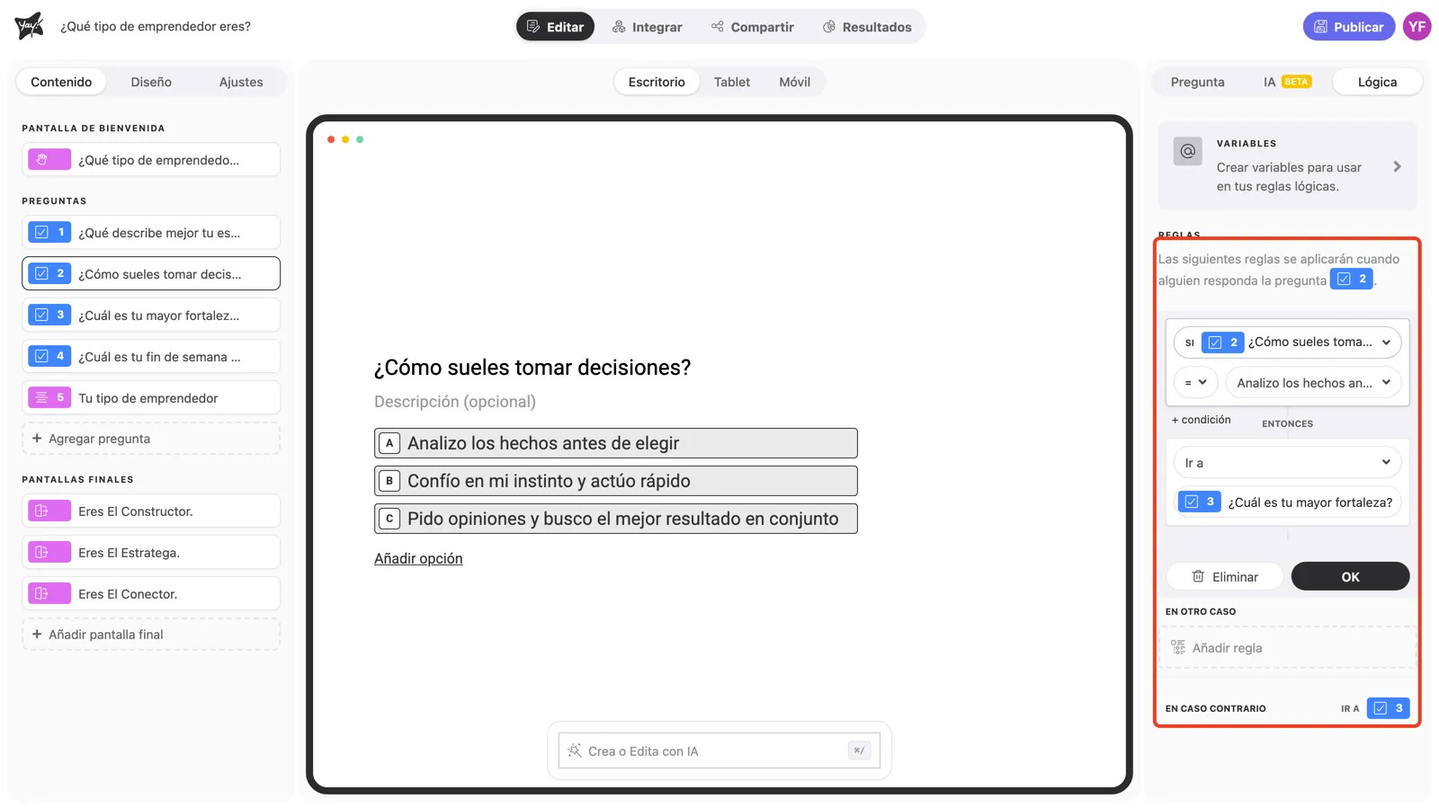 Una regla nueva abierta en el editor, con SI, ENTONCES, EN OTRO CASO y En caso contrario