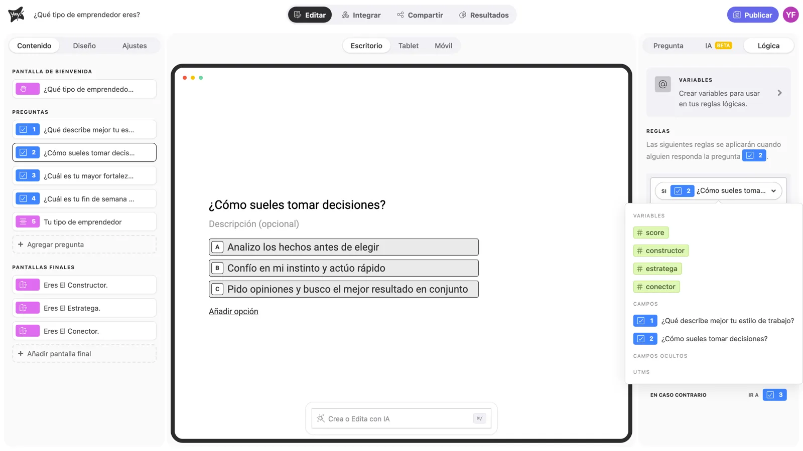 El selector de origen de la condición, con variables, campos, campos ocultos y UTMs