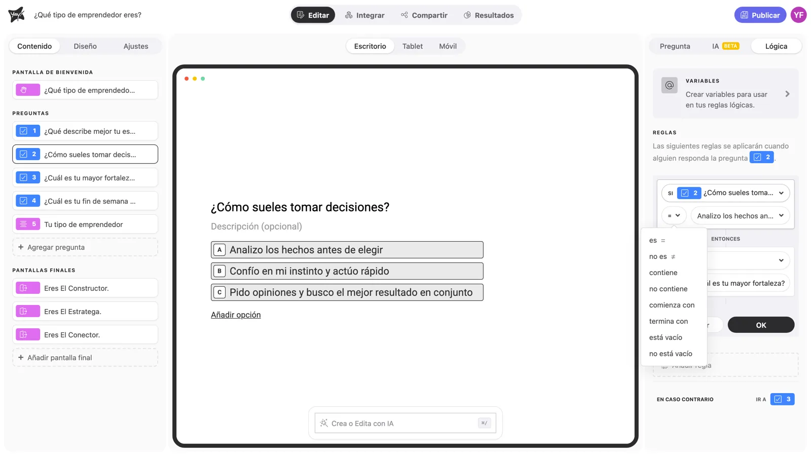 La lista de operadores para una pregunta de opción