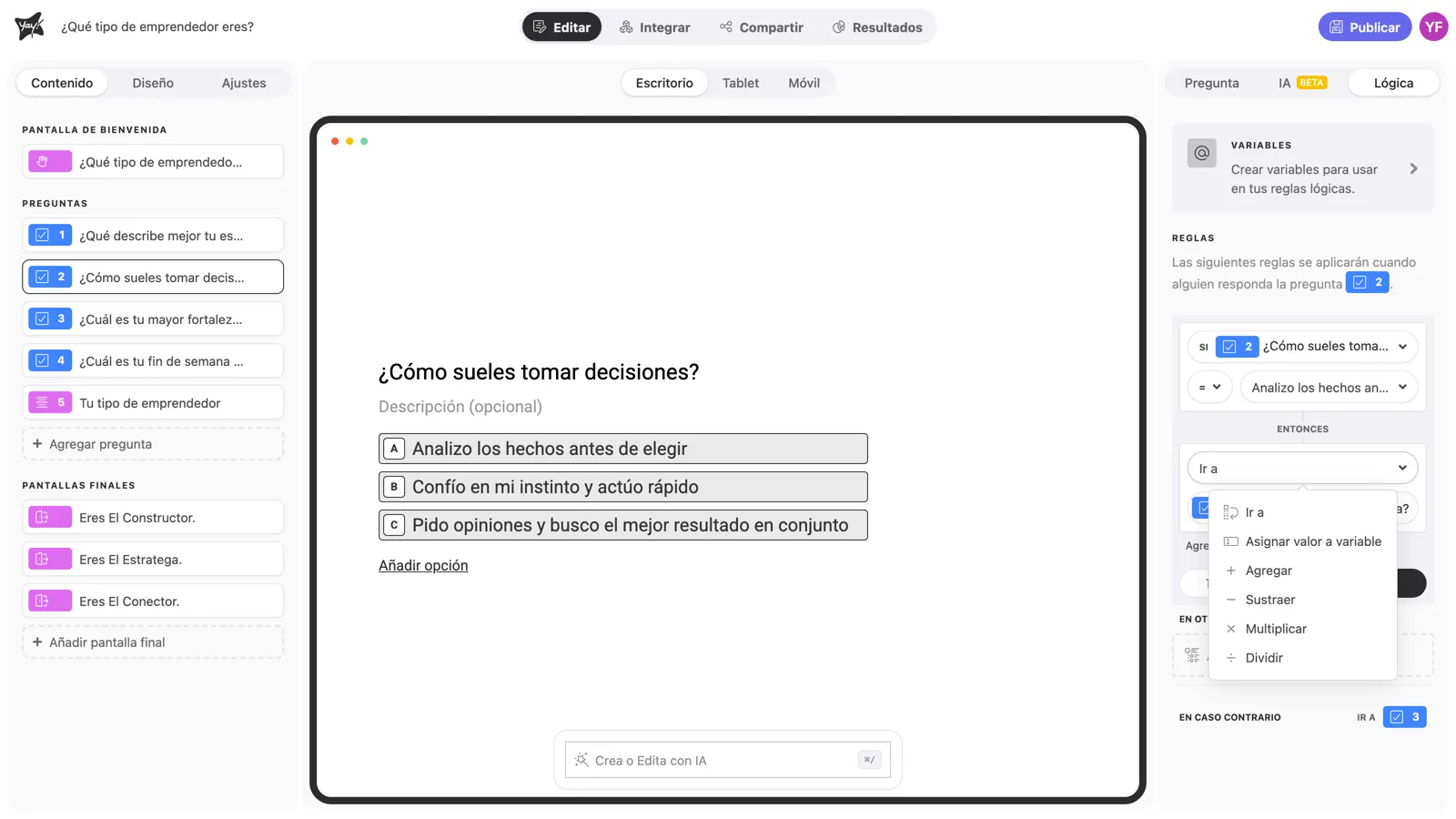 La lista de acciones: Ir a, Asignar valor a variable, Agregar, Sustraer, Multiplicar, Dividir