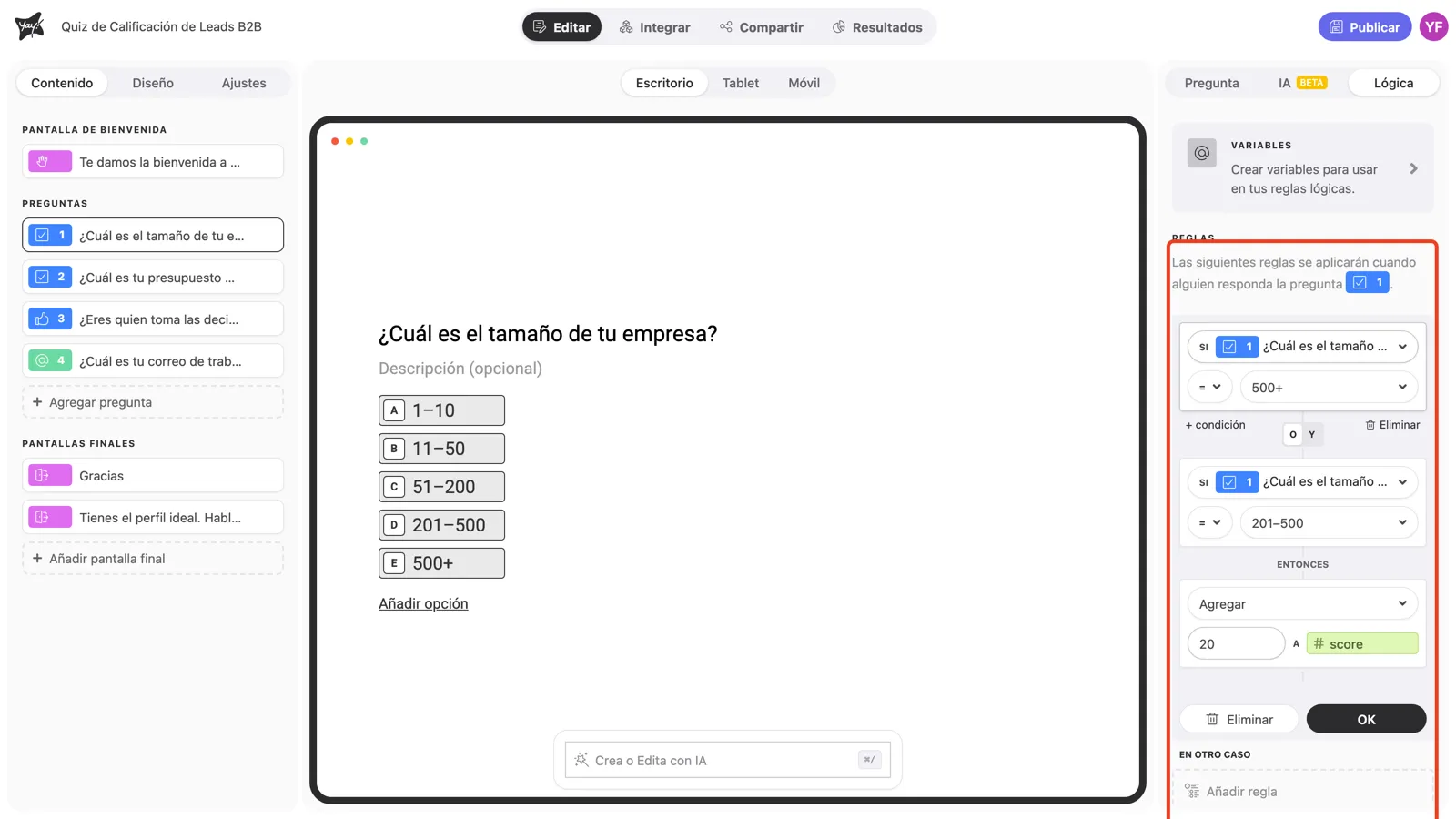 Una regla con dos condiciones O que suman puntos a la variable score