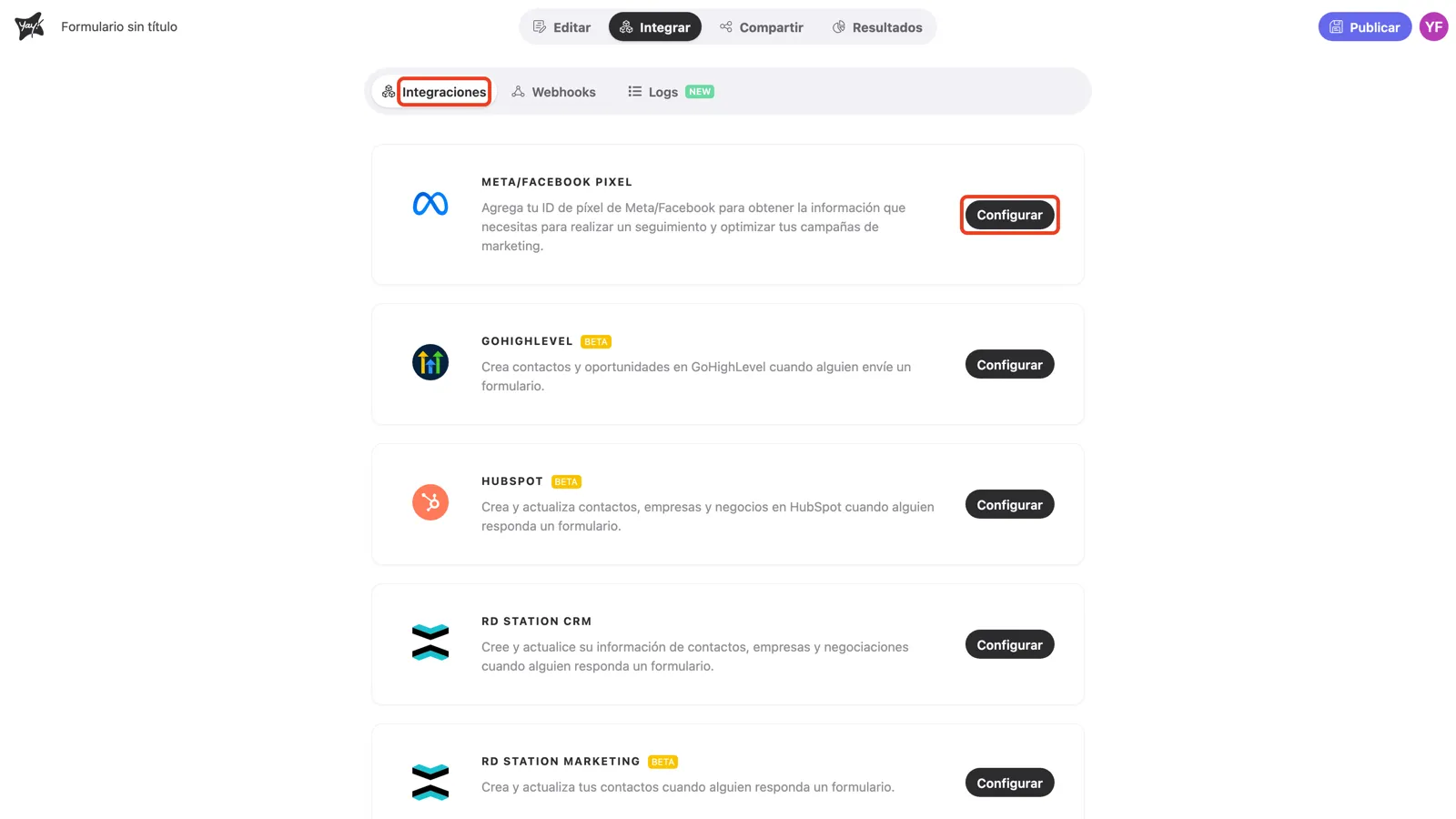 La pestaña Integraciones con el botón Configurar resaltado