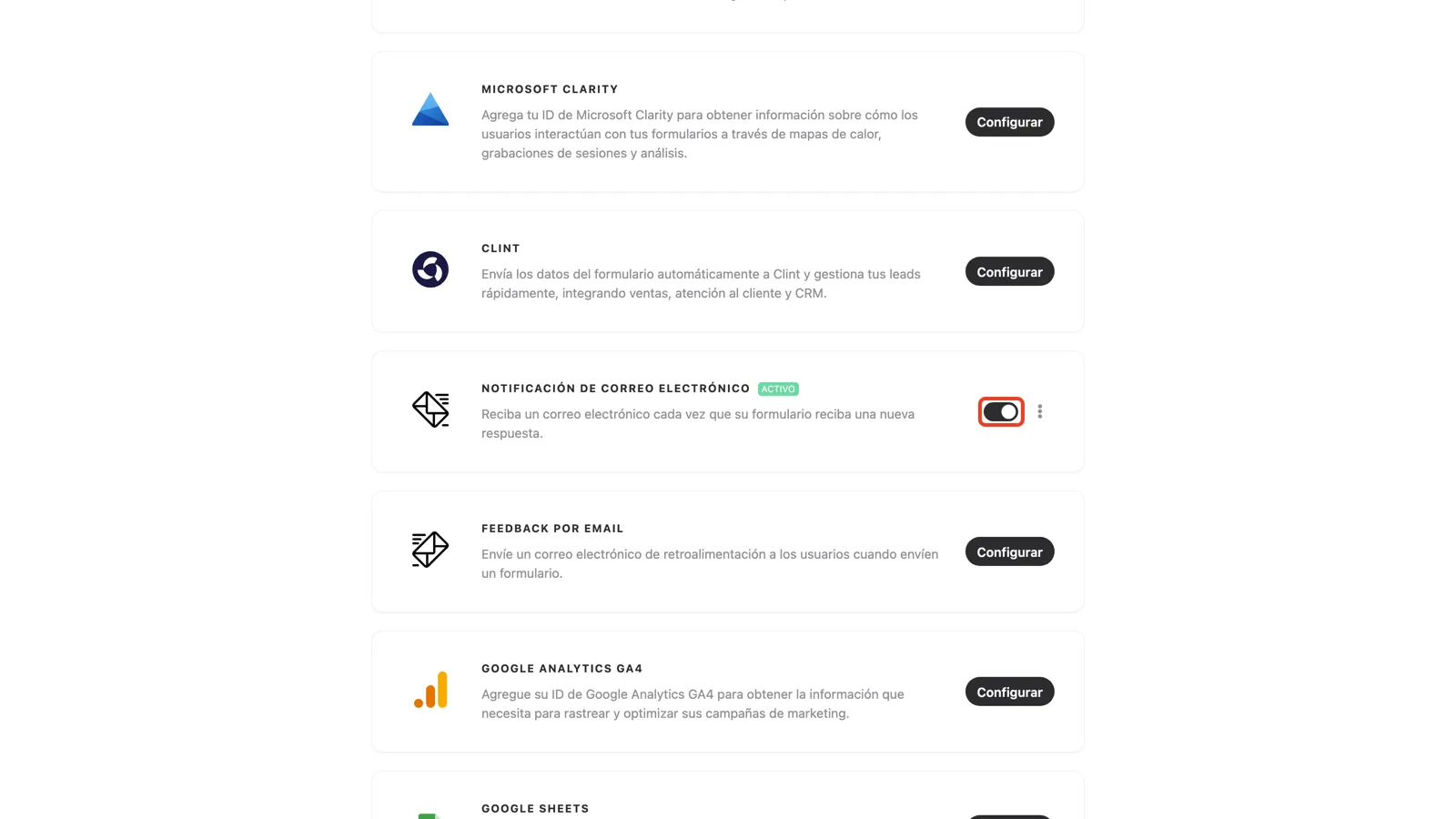 El toggle de activación de la integración