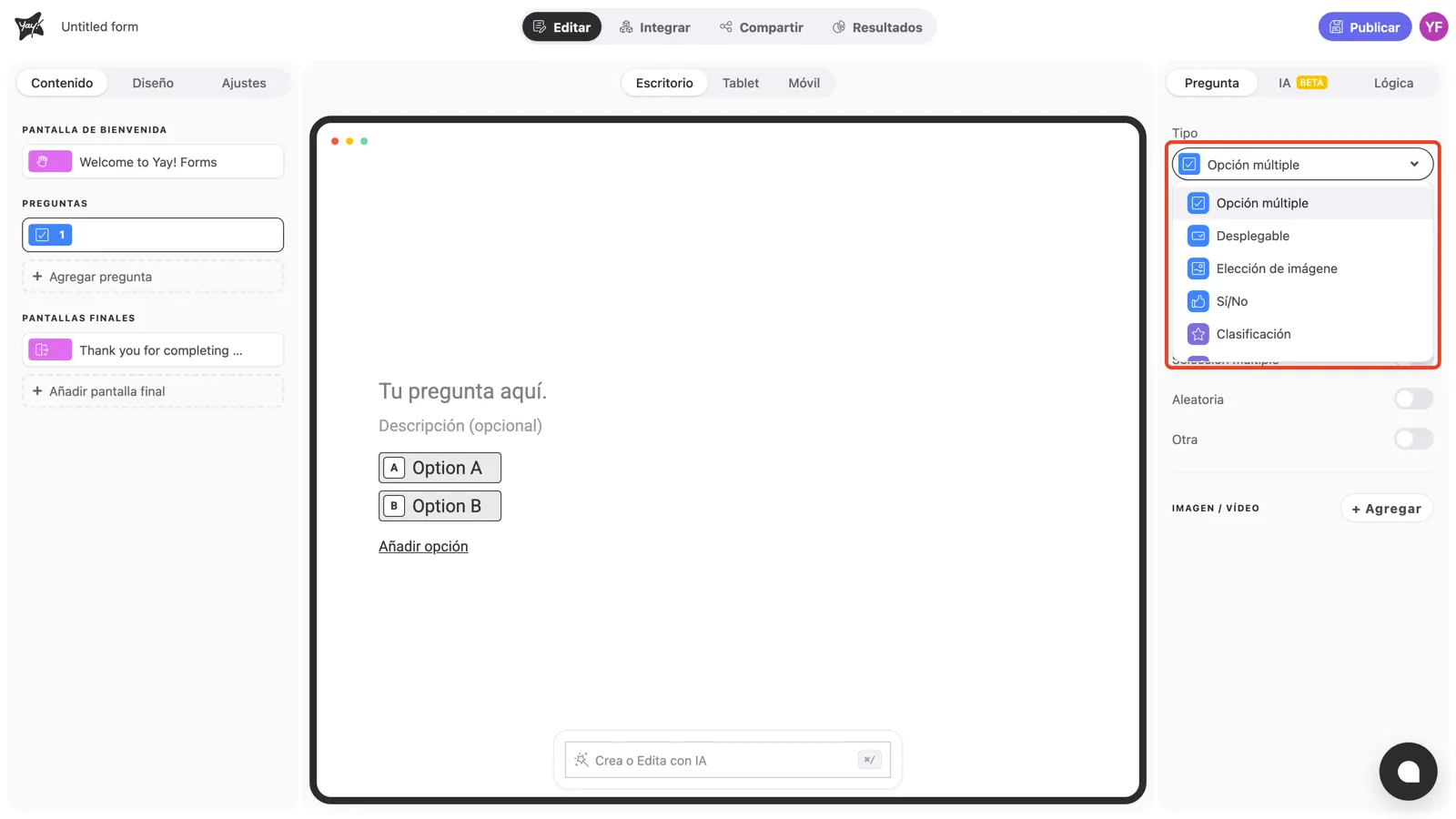 El menú desplegable Tipo abierto en el panel Pregunta, mostrando opciones como Opción múltiple, Desplegable y Elección de imágene