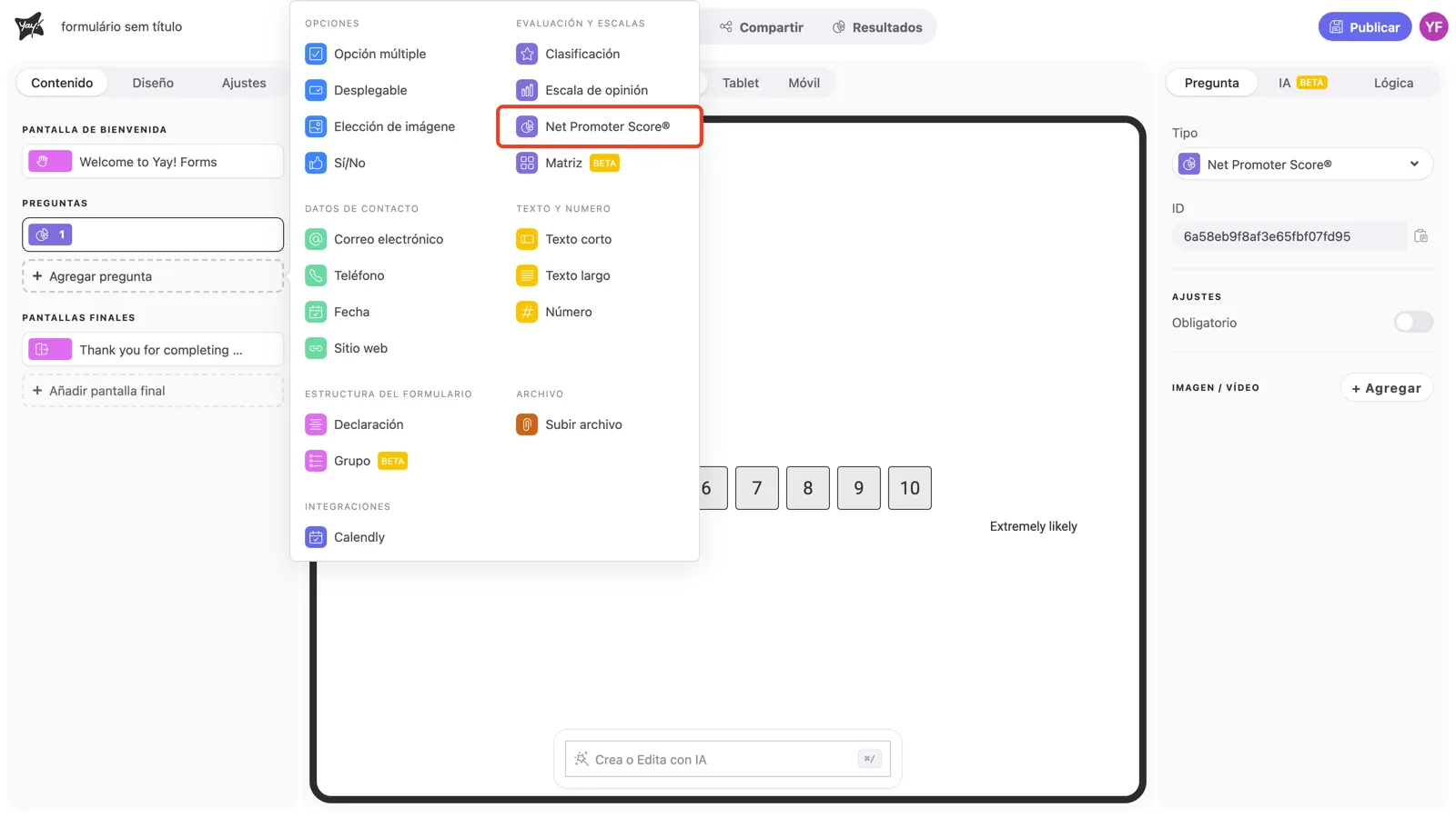 El menú de tipos de pregunta con Net Promoter Score® resaltado
