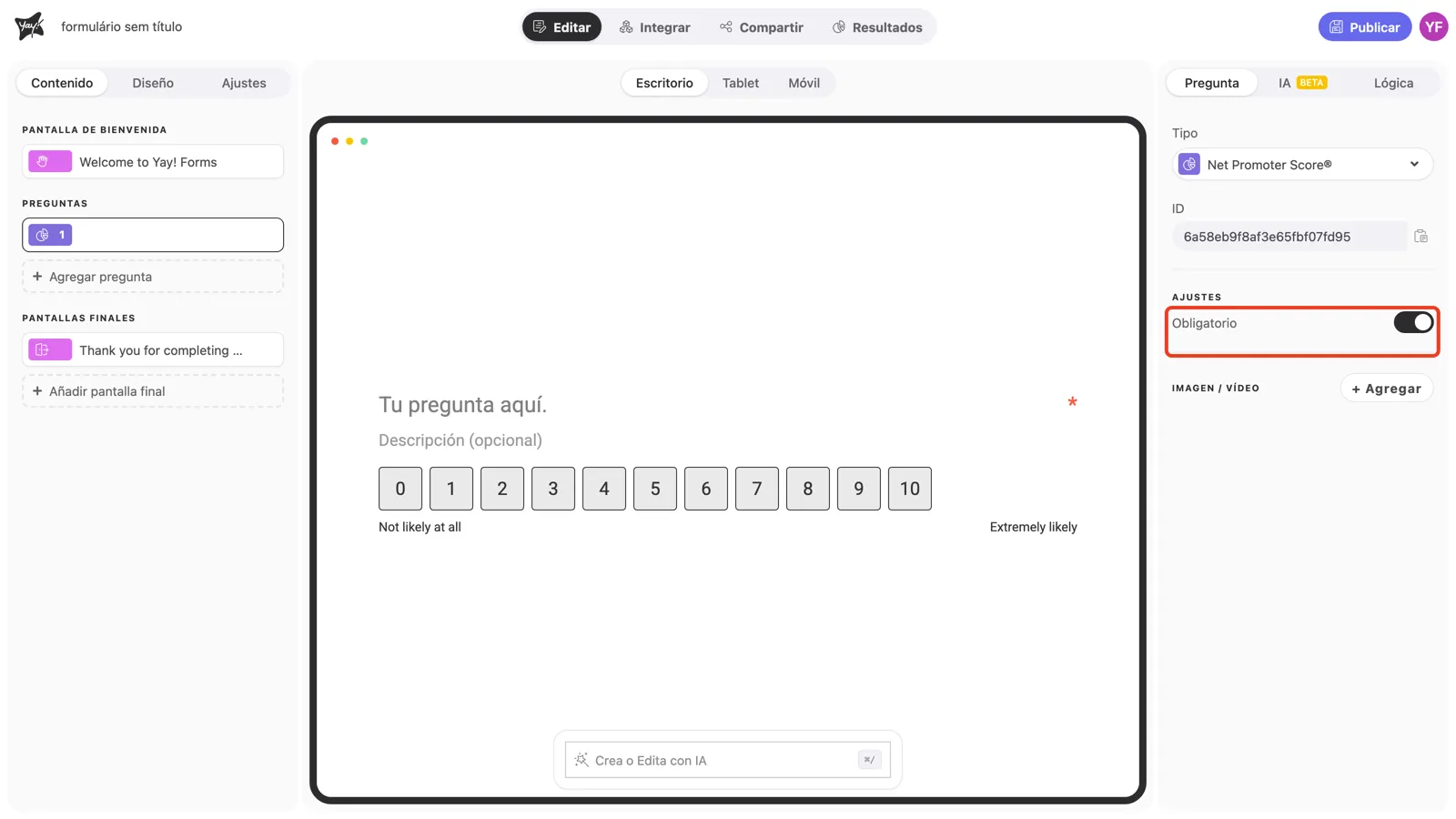 El toggle Obligatorio activado en la configuración de la pregunta