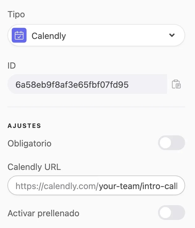 El panel de la pregunta Calendly, de Tipo a Activar prellenado, con la URL de ejemplo completada en el campo Calendly URL