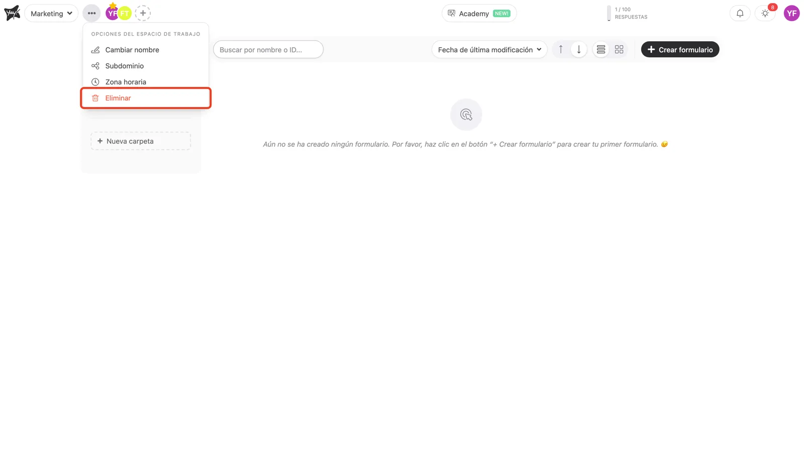 La opción Eliminar en el menú de opciones del workspace