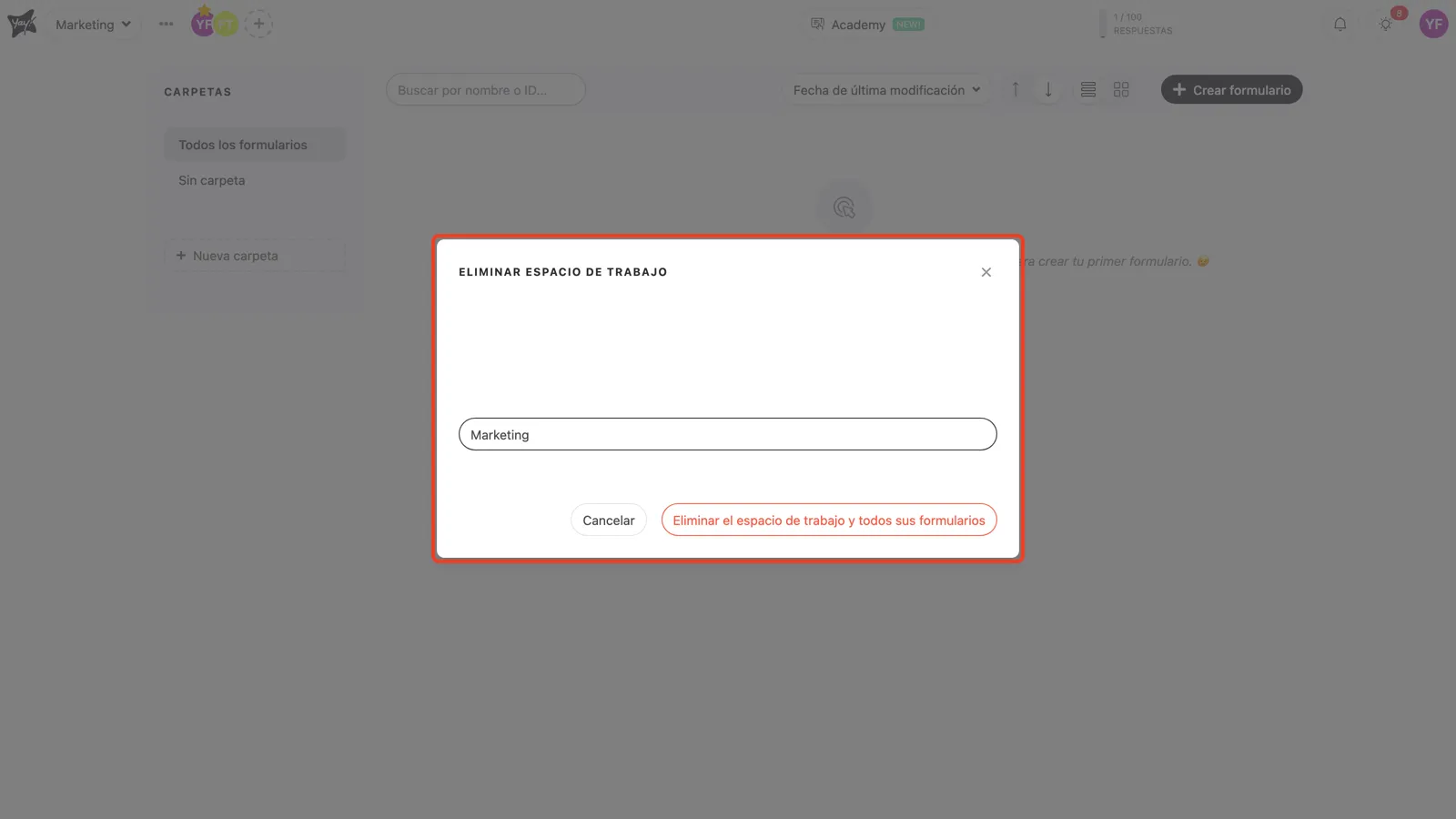 Escribiendo el nombre del workspace para confirmar la eliminación