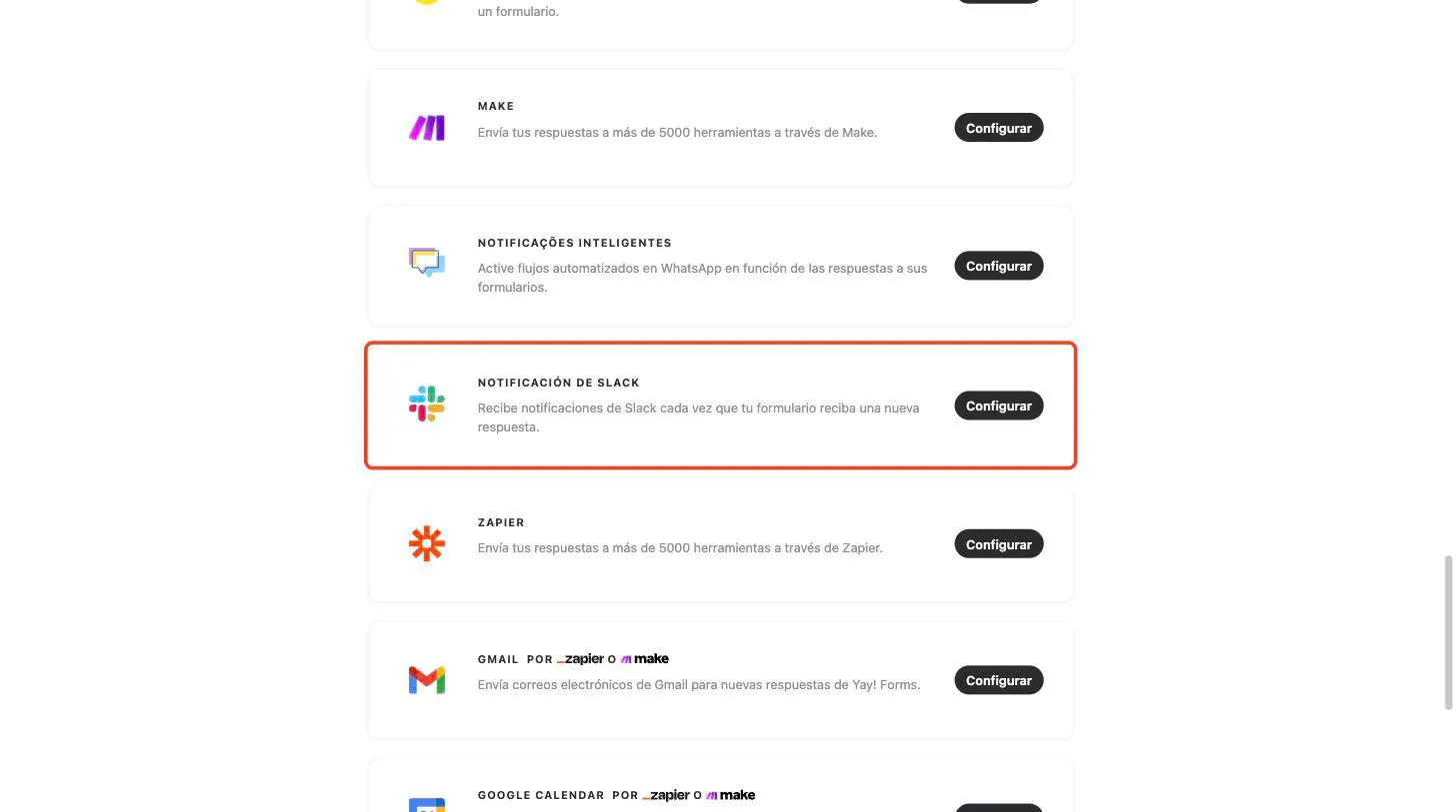 La pestaña Integrar con la tarjeta de Slack resaltada
