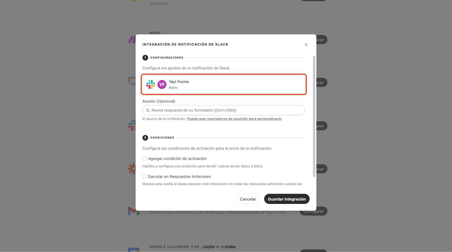 La cuenta de Slack conectada, con el resto de las configuraciones visible