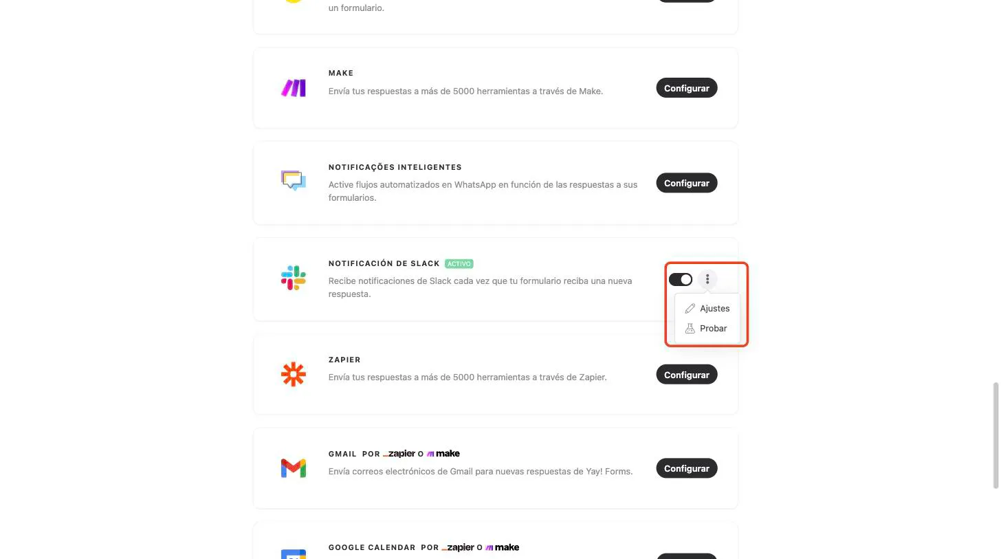 La tarjeta de Slack con el interruptor de activación y el menú de tres puntos abierto