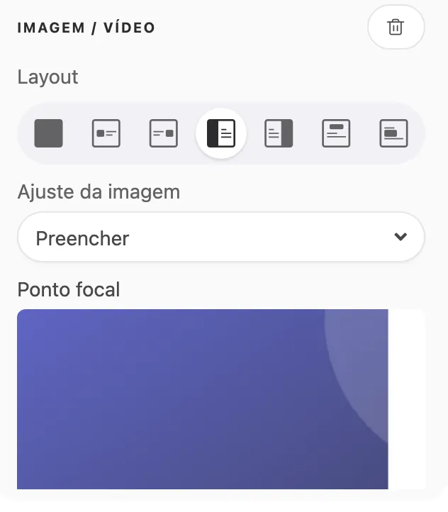 O painel IMAGEM / VÍDEO no Desktop, com as 7 opções de Layout, o seletor Ajuste da imagem e o Ponto focal