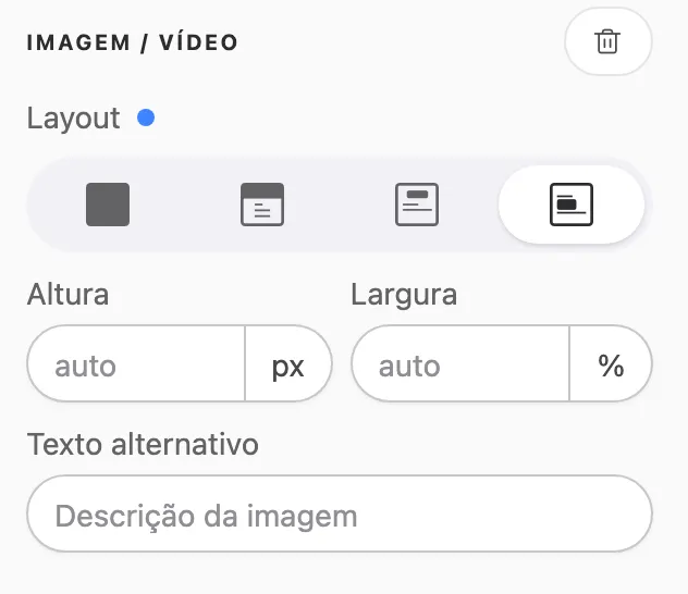 O painel IMAGEM / VÍDEO no modo Celular, com as 4 opções de Layout e os campos Altura, Largura e Texto alternativo