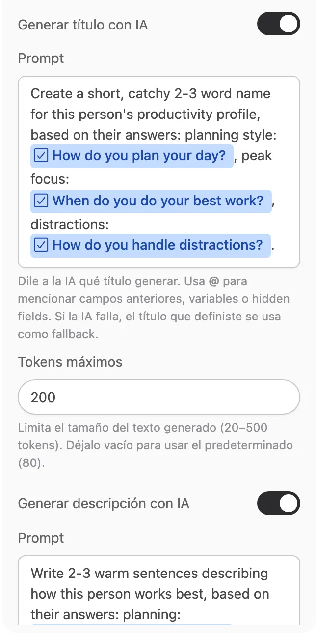 La pestaña IA con el interruptor Generar título con IA activado, el prompt del título mencionando las tres preguntas, el campo Tokens máximos y el interruptor Generar descripción con IA activado con su propio prompt