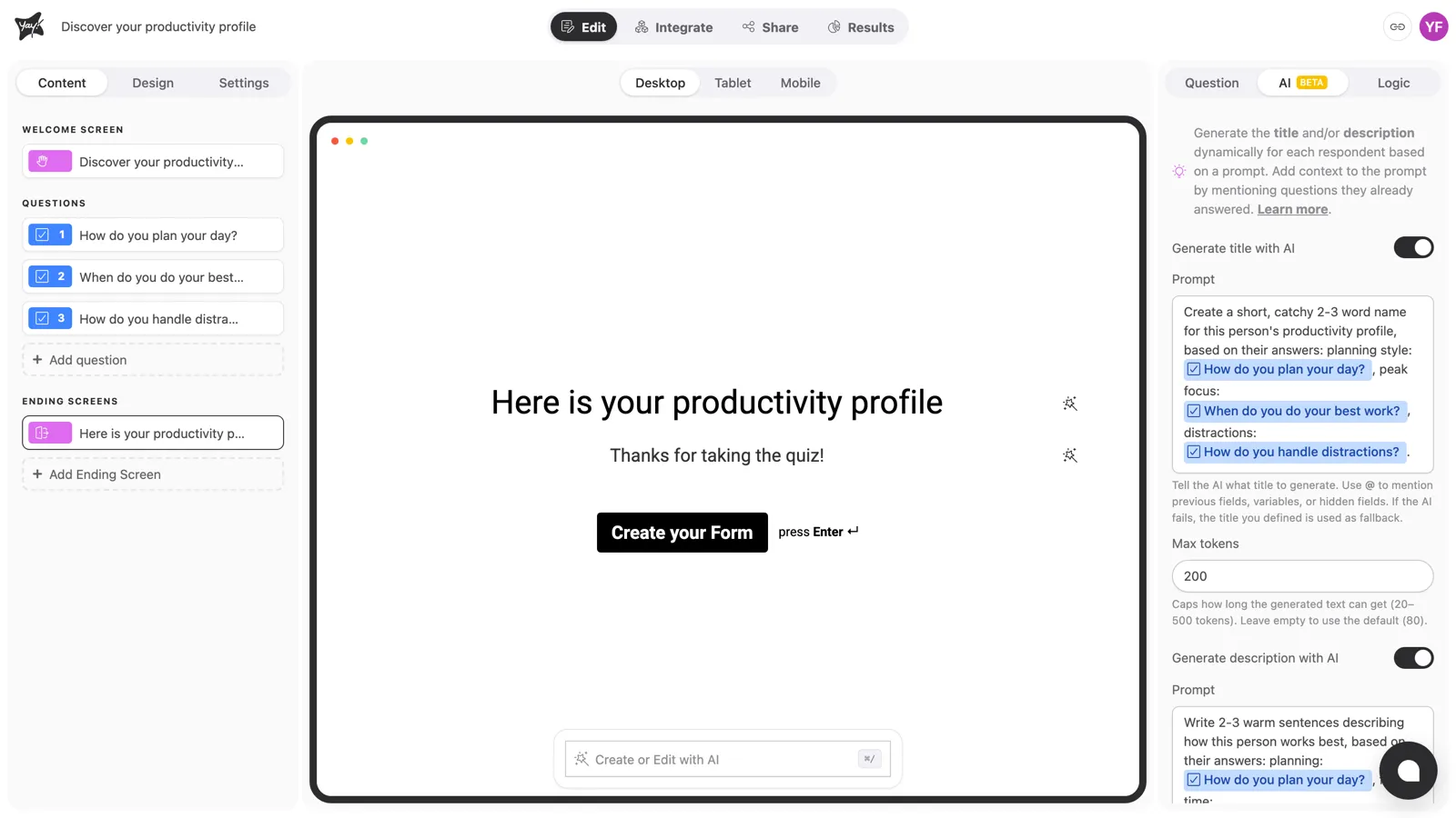 The form editor with the ending screen selected and the AI tab open in the right sidebar