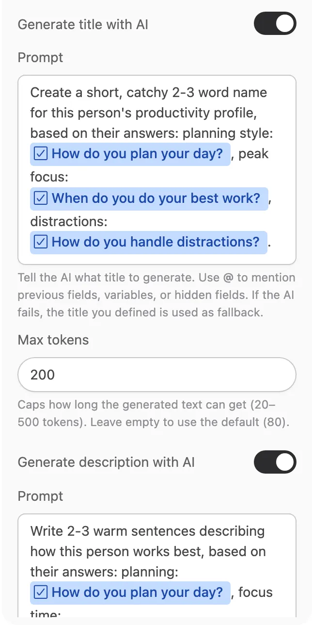 The AI tab with the Generate title with AI toggle on, the title prompt mentioning the three questions, the Max tokens field, and the Generate description with AI toggle on with its own prompt
