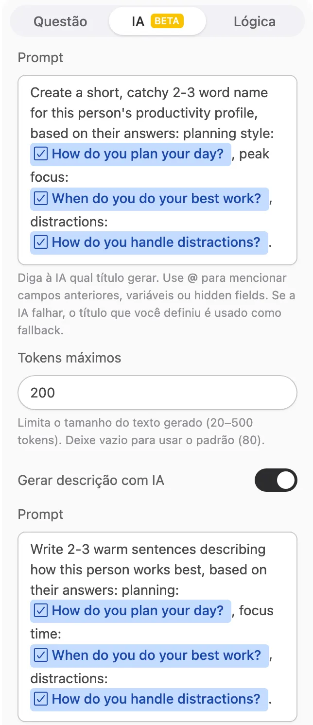 A aba IA com o prompt do título mencionando as três perguntas, o campo Tokens máximos e o interruptor Gerar descrição com IA ligado, com o próprio prompt