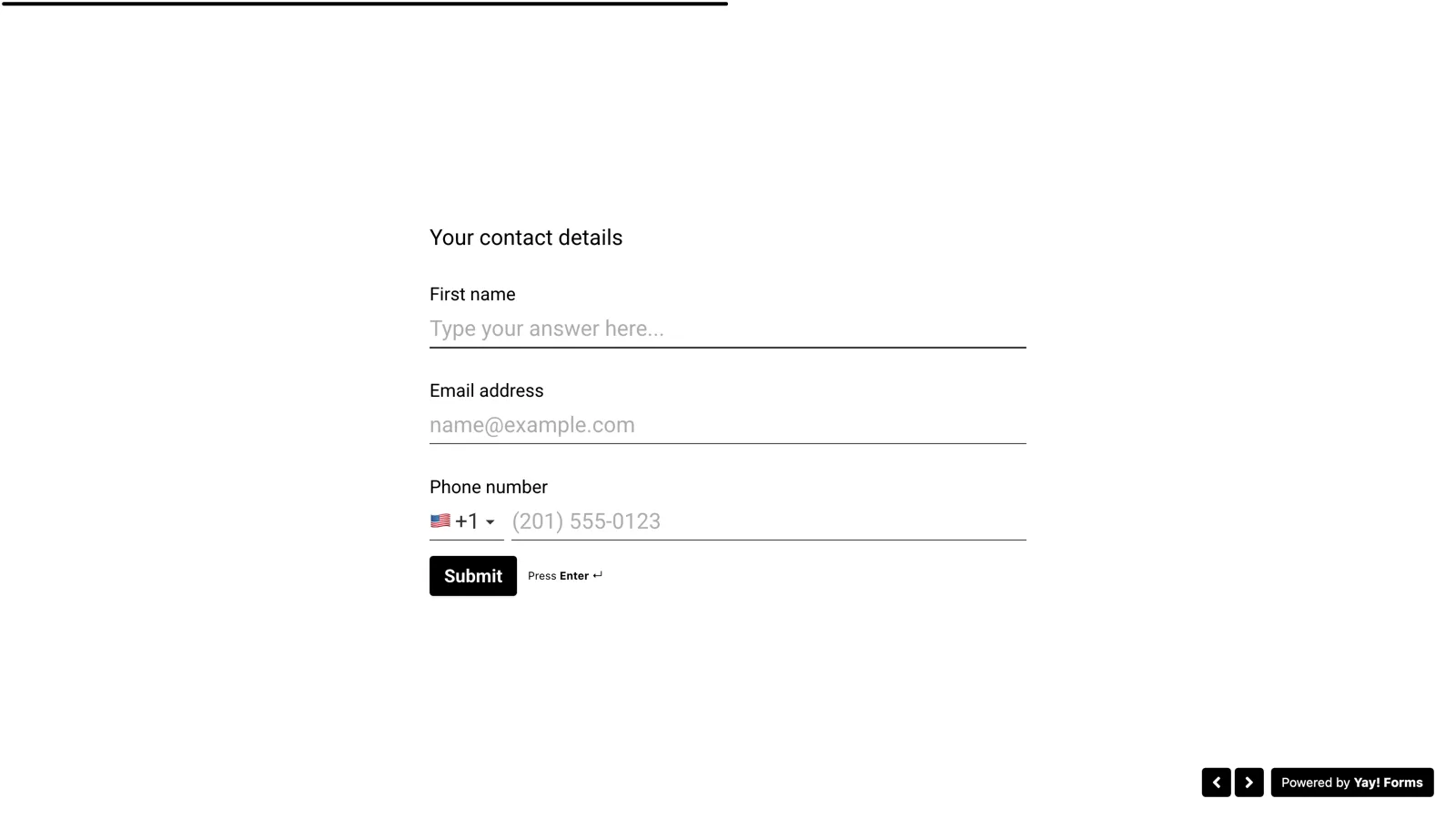 La vista de la persona que responde: el título del grupo con los campos First name, Email address y Phone number apilados sobre el botón Submit