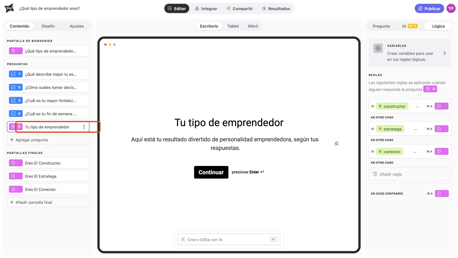La Statement agregada después de la última pregunta del quiz para alojar las reglas de redirección
