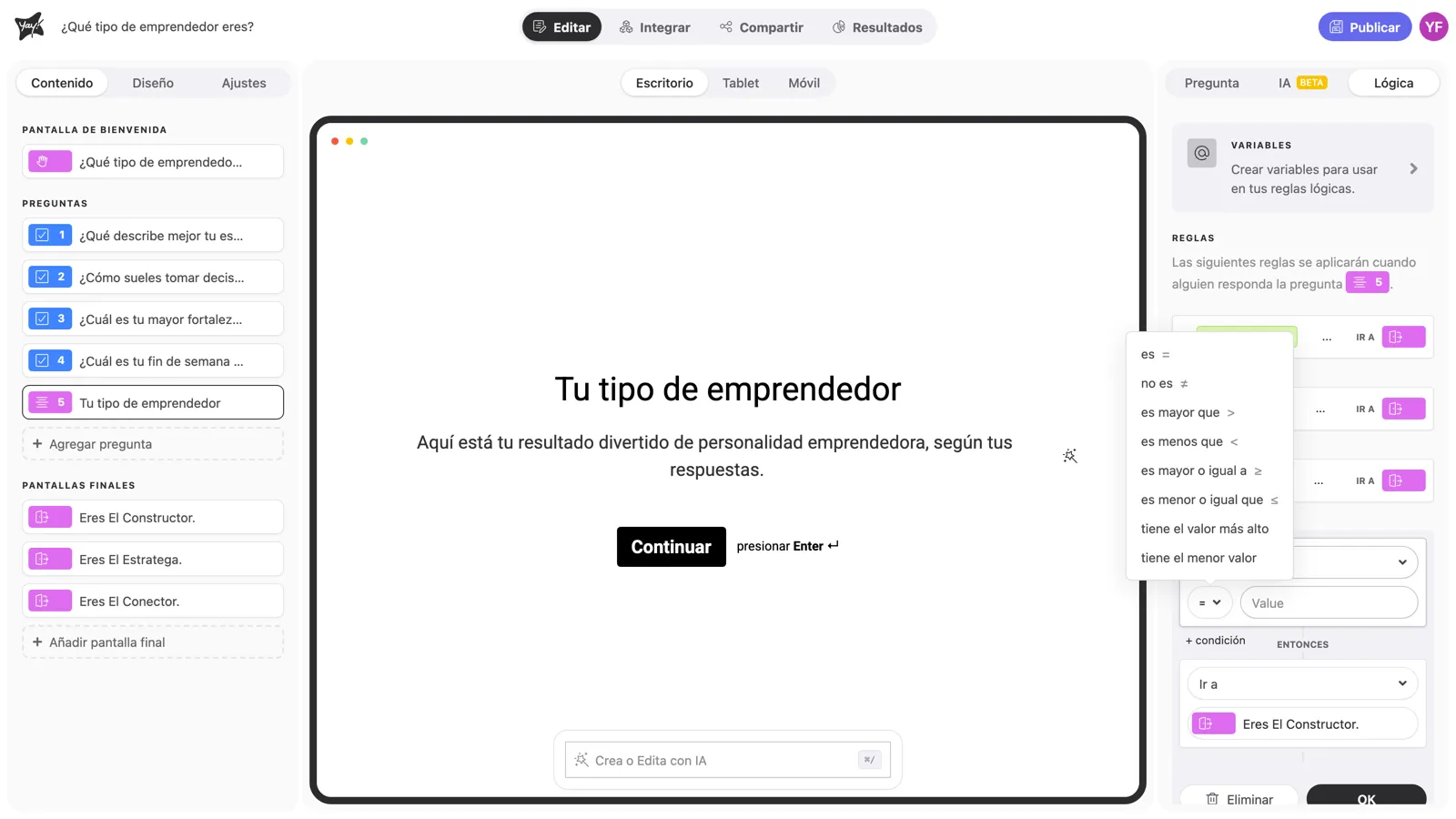 La lista de operadores para variables, incluido tiene el valor más alto