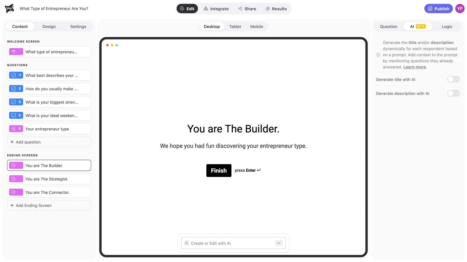The AI tab of an ending screen, with prompts for title and description