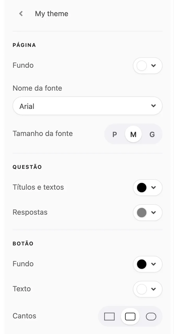 O editor de tema aberto no tema My theme, com as seções PÁGINA, QUESTÃO e BOTÃO