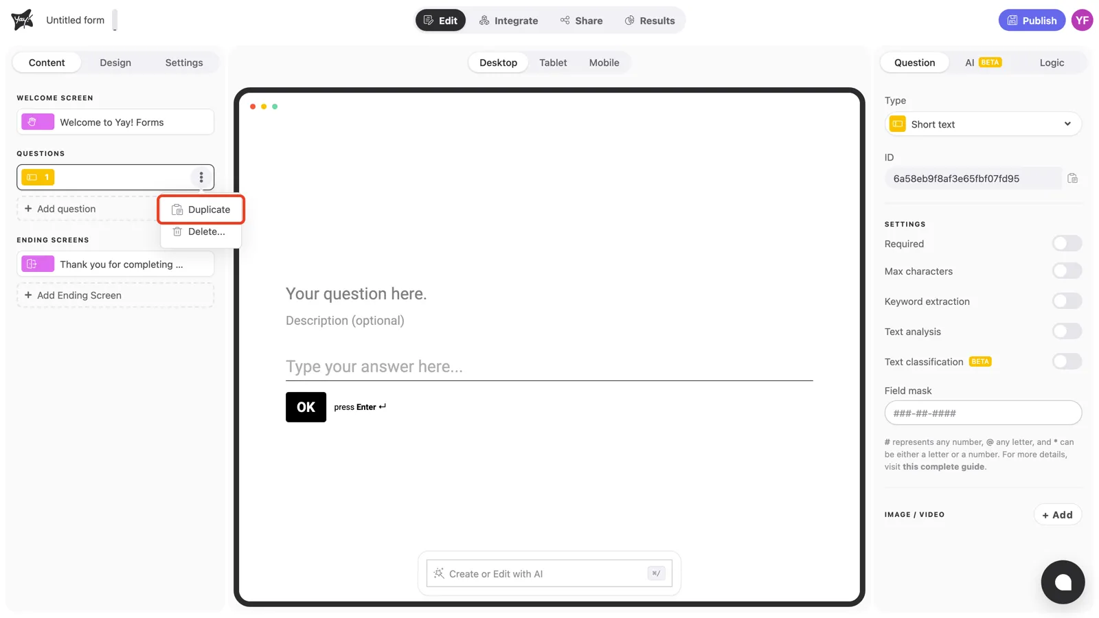 The Duplicate option highlighted in the question menu