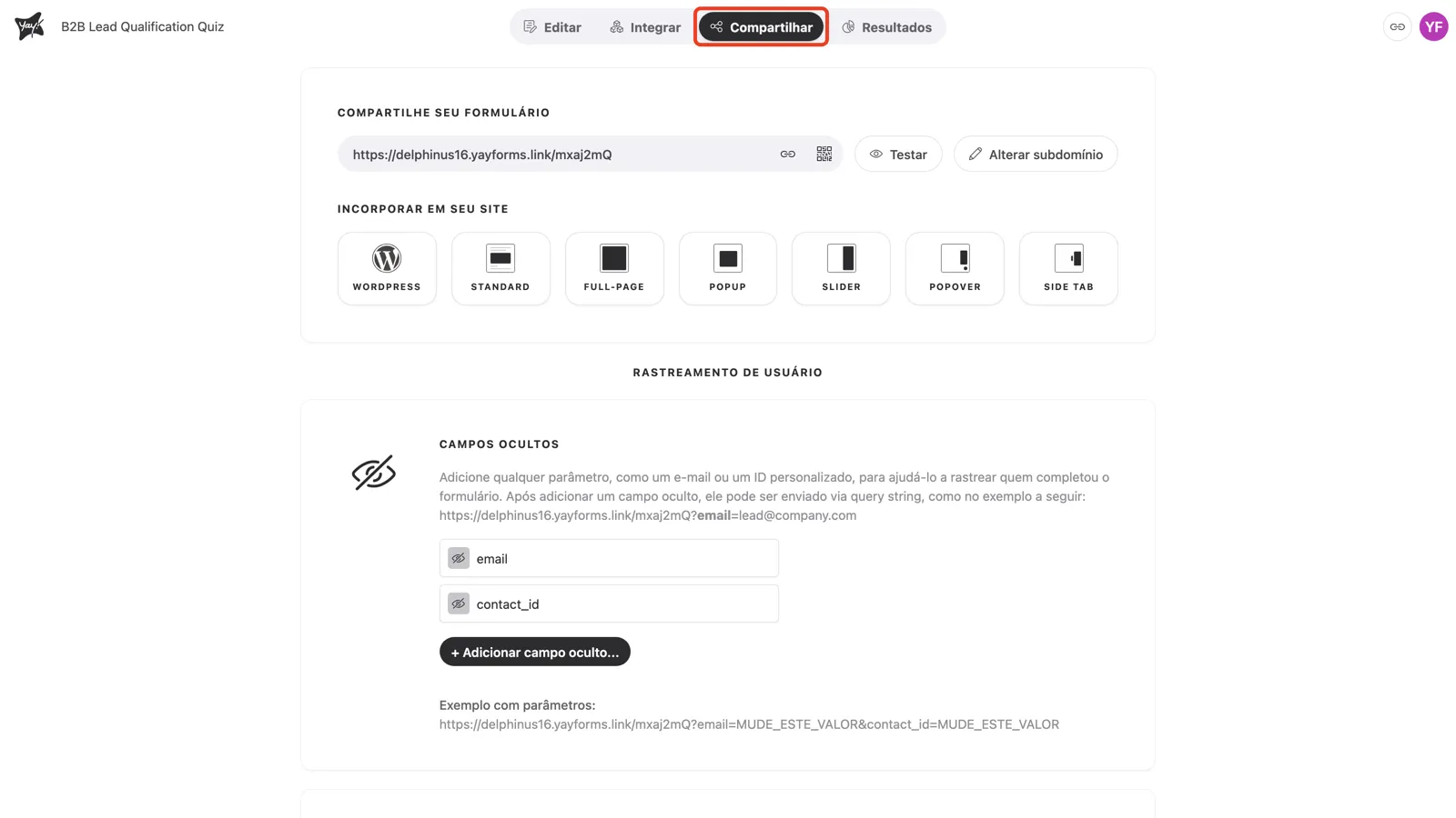 A aba Compartilhar na navegação superior