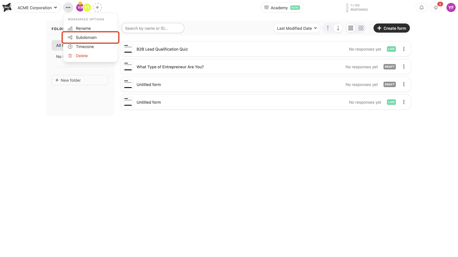 The Subdomain option in the workspace options menu