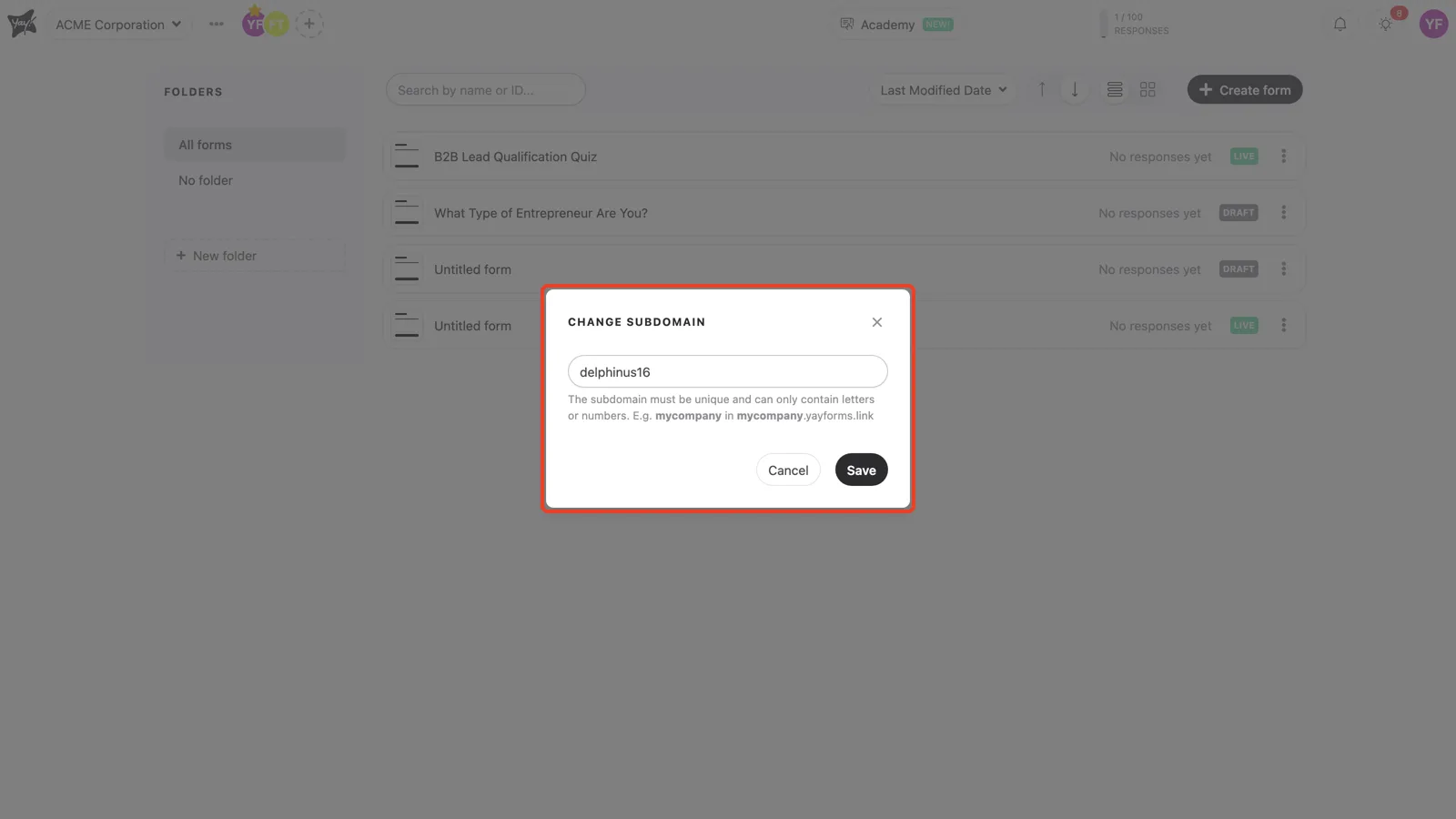 The Change subdomain window