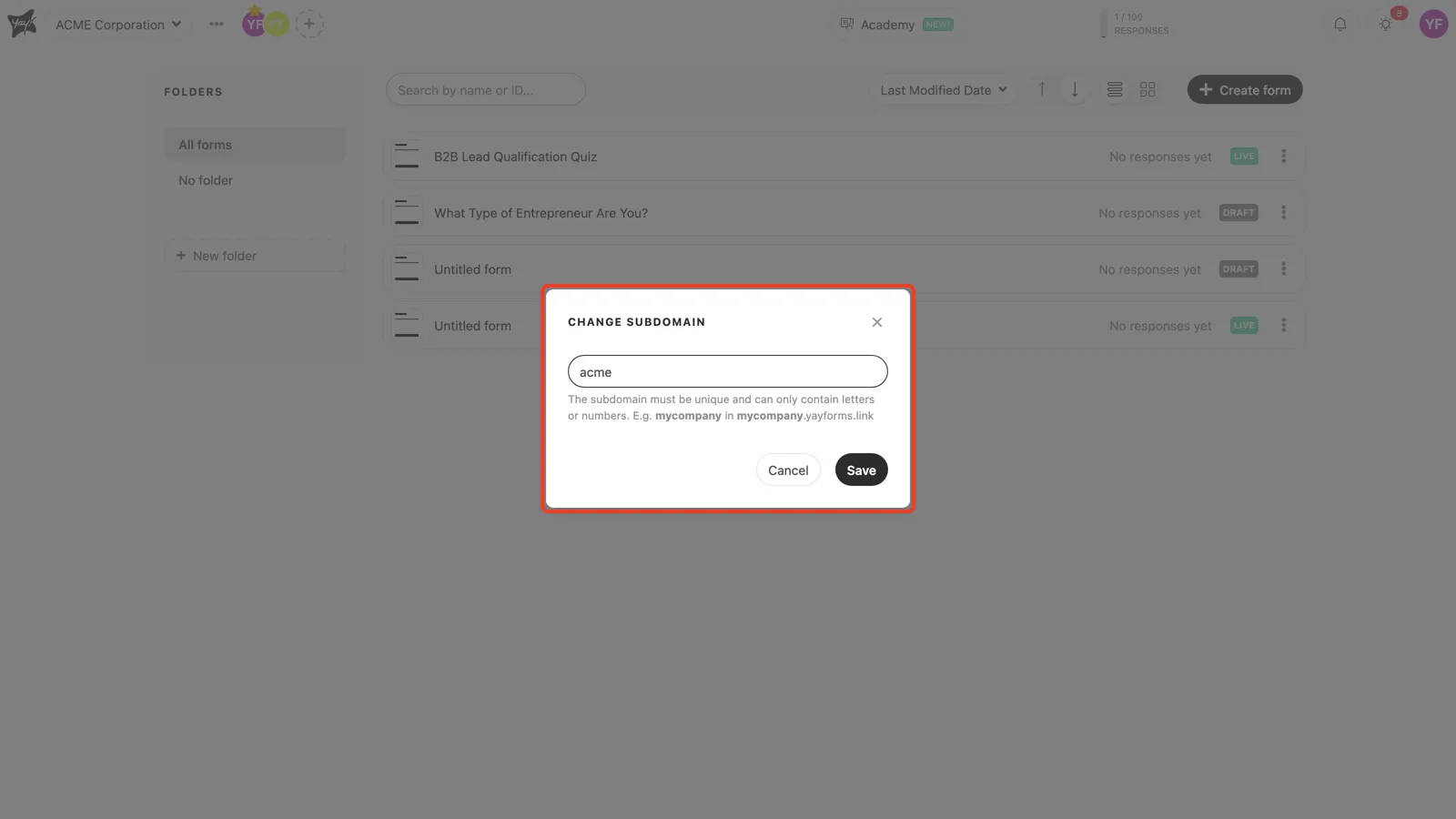 A subdomain typed into the field, ready to save