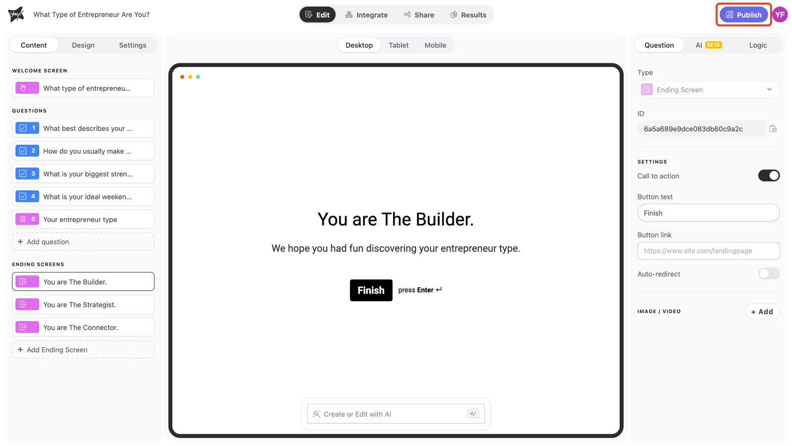 The Publish button in the top-right of the form editor