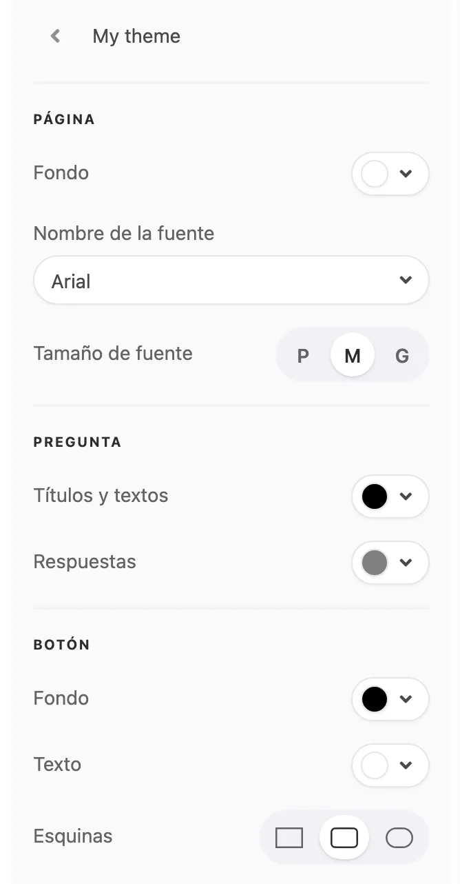 El editor de tema abierto en el tema My theme, con las secciones PÁGINA, PREGUNTA y BOTÓN