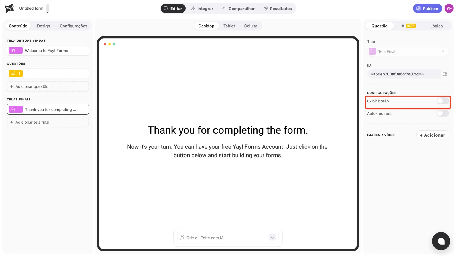 O toggle Exibir botão em destaque nas configurações da tela final