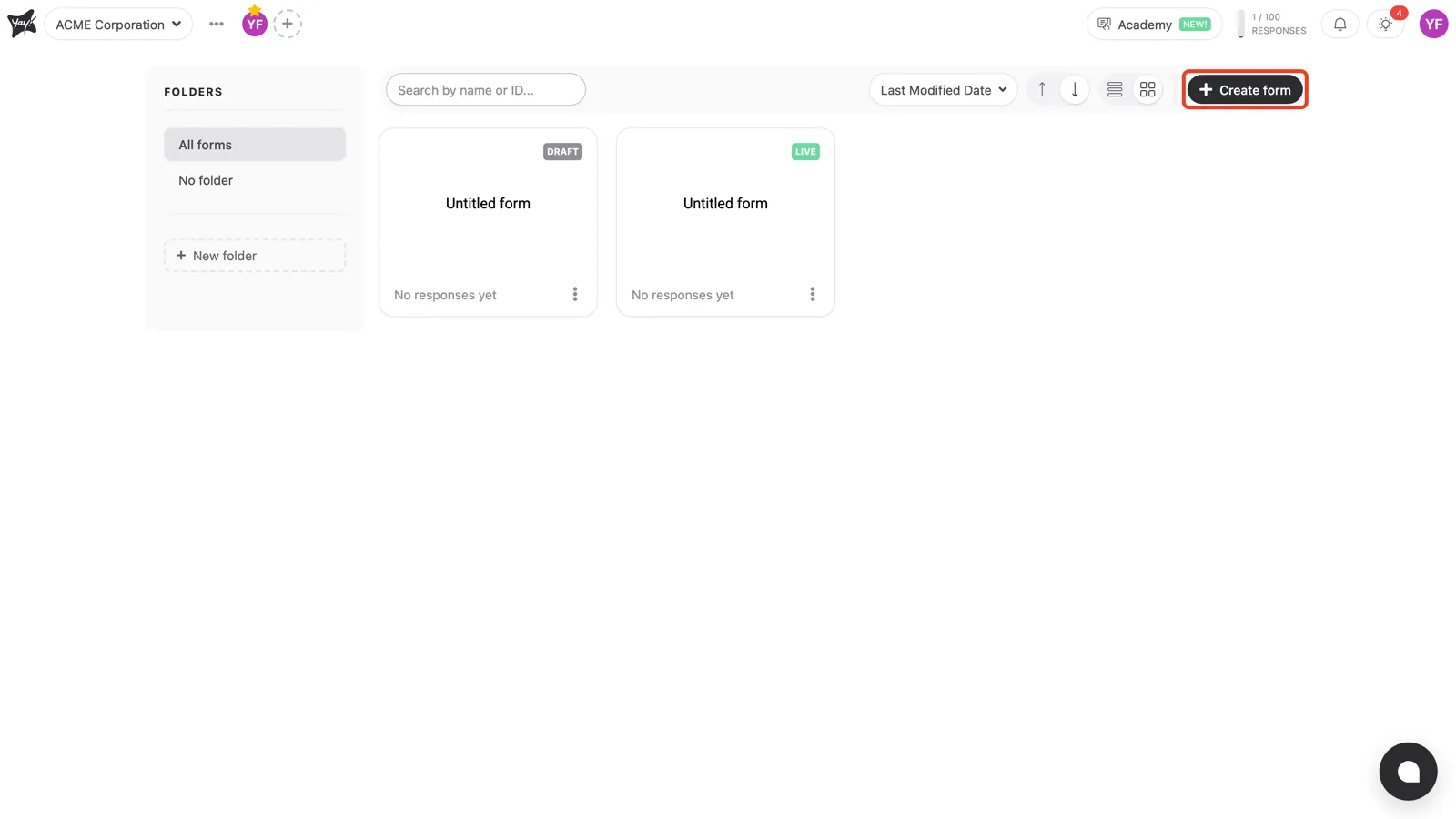 The Create form button highlighted at the top of the workspace