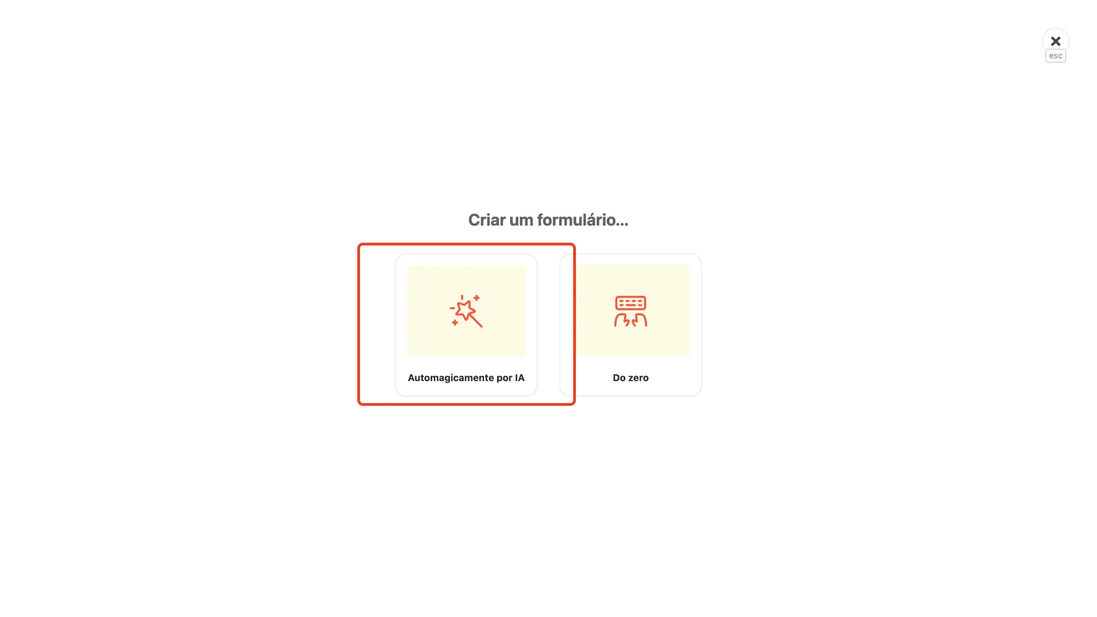 A opção Automagicamente por IA em destaque no seletor de criação