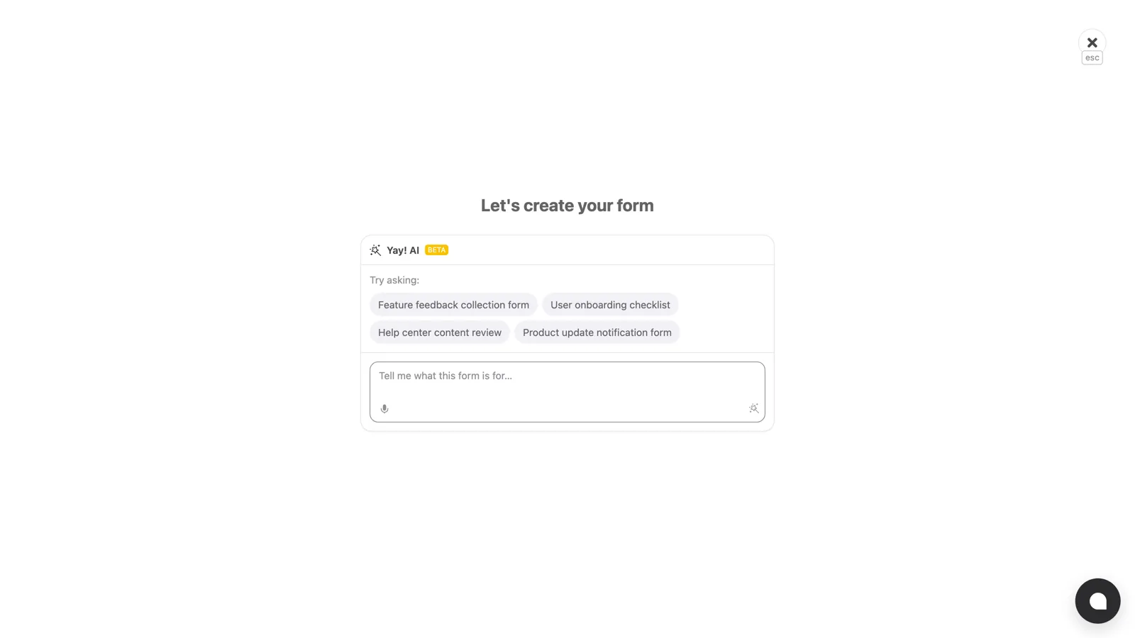 The Yay! AI screen for describing the form's purpose