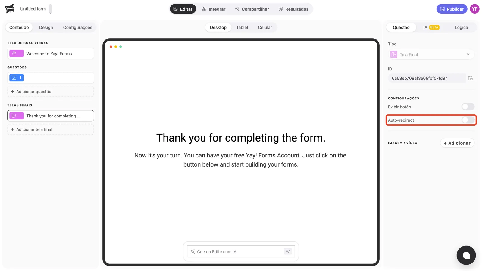O toggle Auto-redirect nas configurações da tela final