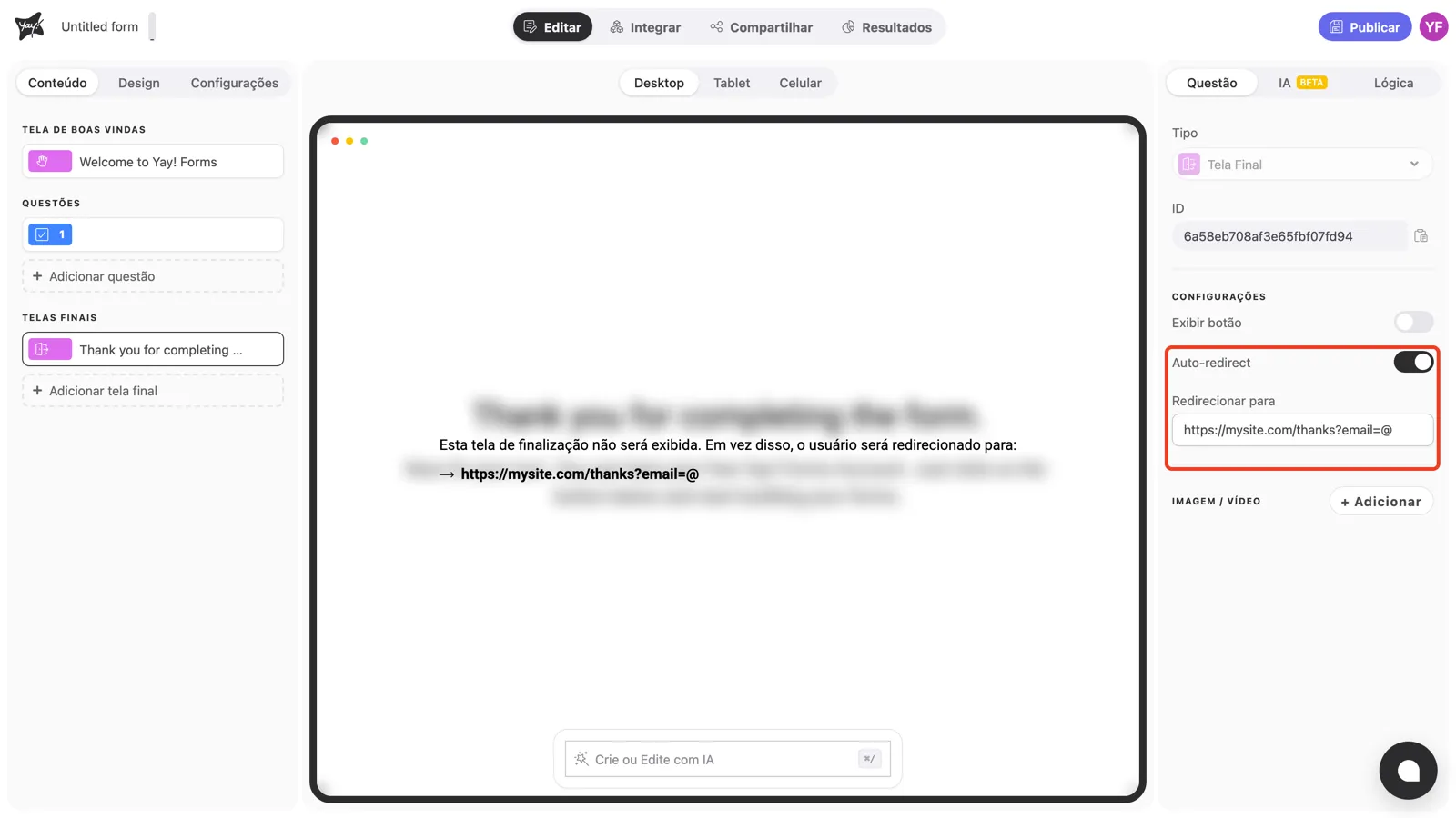 Auto-redirect ativado, com o campo Redirecionar para visível