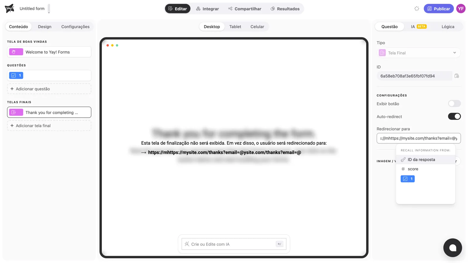 O menu de menções aberto dentro do campo Redirecionar para