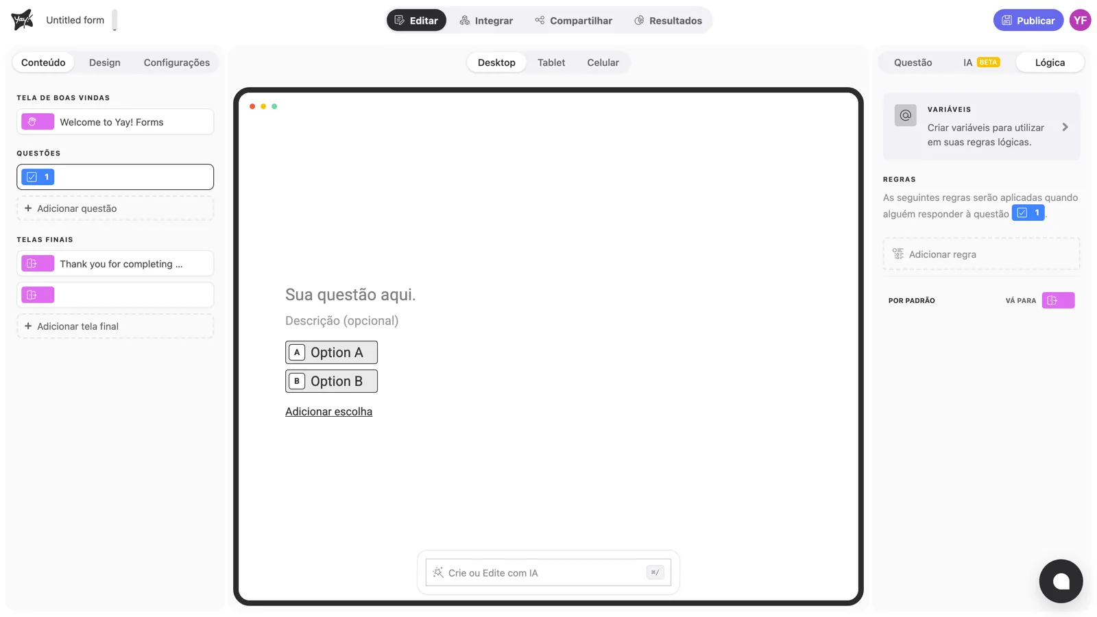 A aba Lógica com regras e o destino padrão Vá para