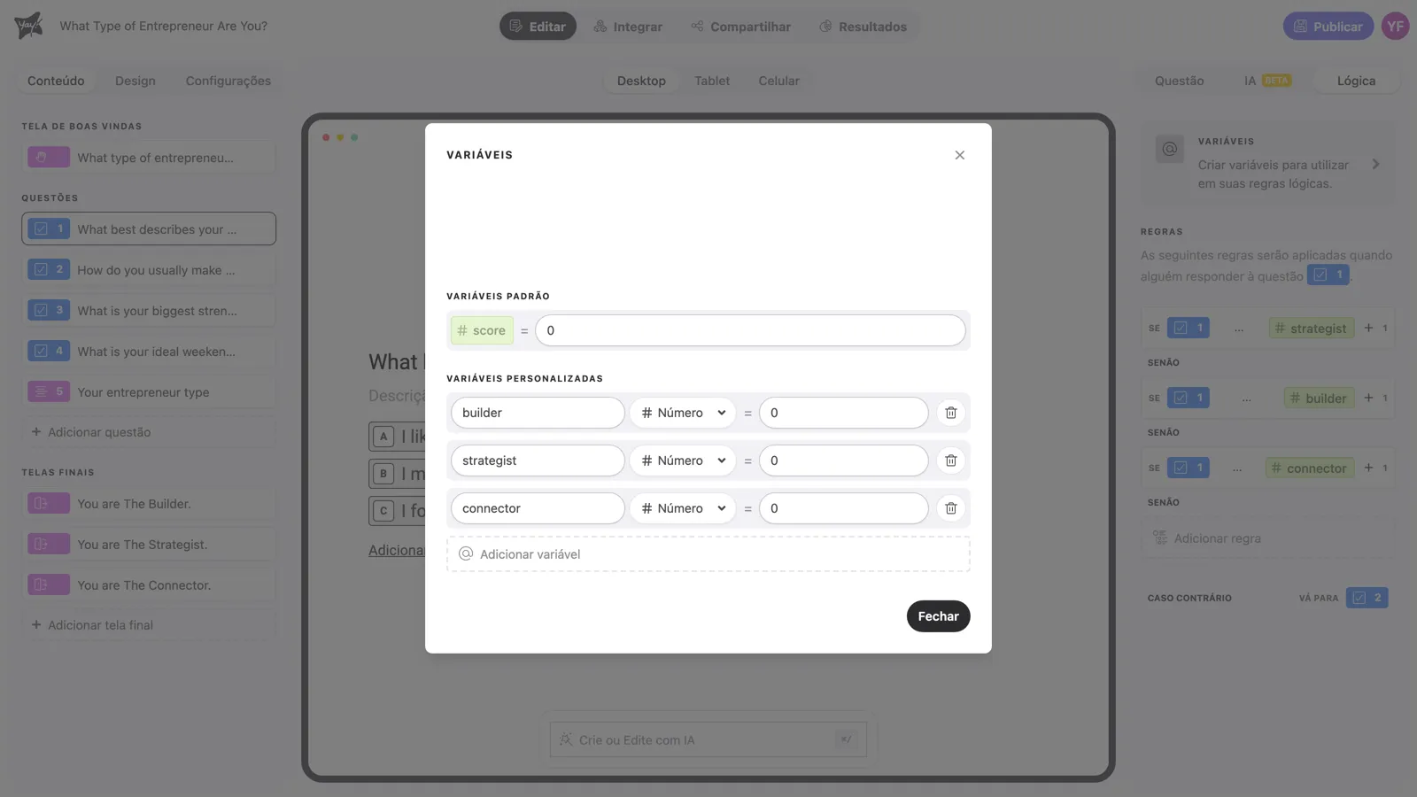 O gerenciador de variáveis, com a variável score padrão e variáveis personalizadas