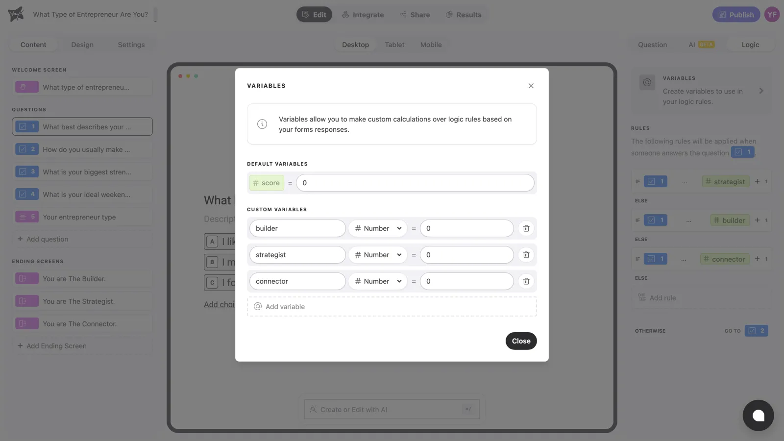 The variables manager with one variable per profile
